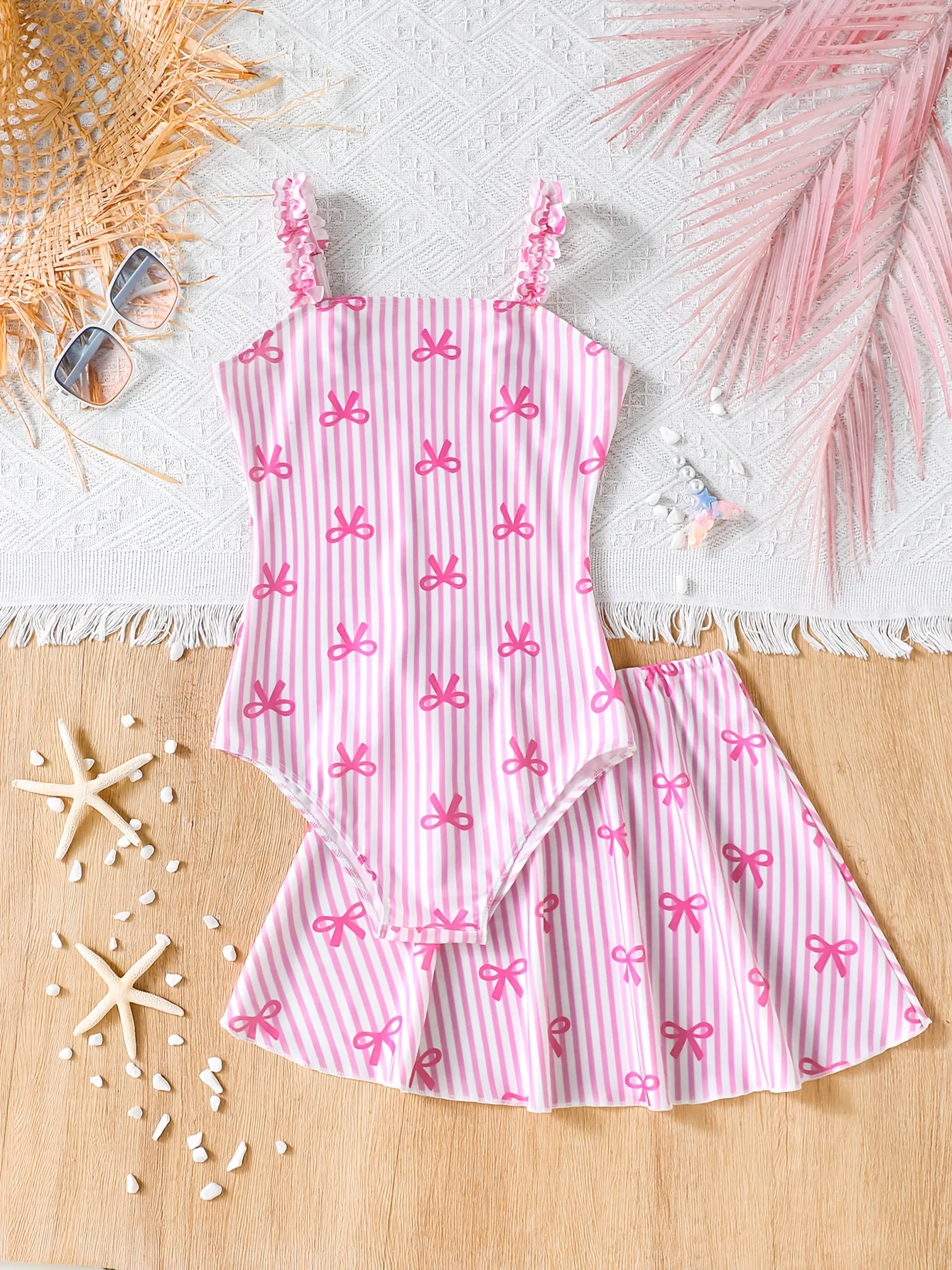 Girls' Summer Casual Swimwear, Children's Pink Bow Print Swimsuit Set, Girls' Strapless One-Piece Swimsuit + Skirt Two-Piece Set, Suitable for Home Leisure, Swimming Pool, Seaside, Beach, Versatile Clothing