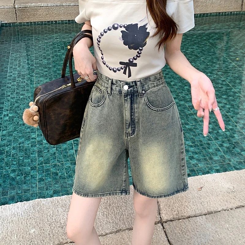 2024 Spring New Denim Shorts Women Straight Leg High Waist Solid Color American Retro Casual Versatile Short Pants Female