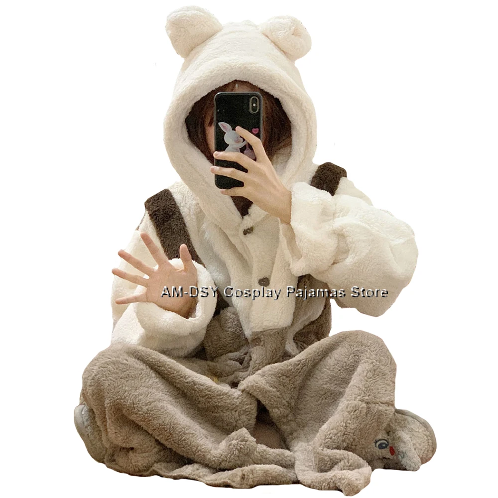 Cartoon Bear Plush Pajamas Long Robes Anime Flannel Nightgown Winter Long Sleeve Night Dress Halloween Christmas Funny Sleepwear