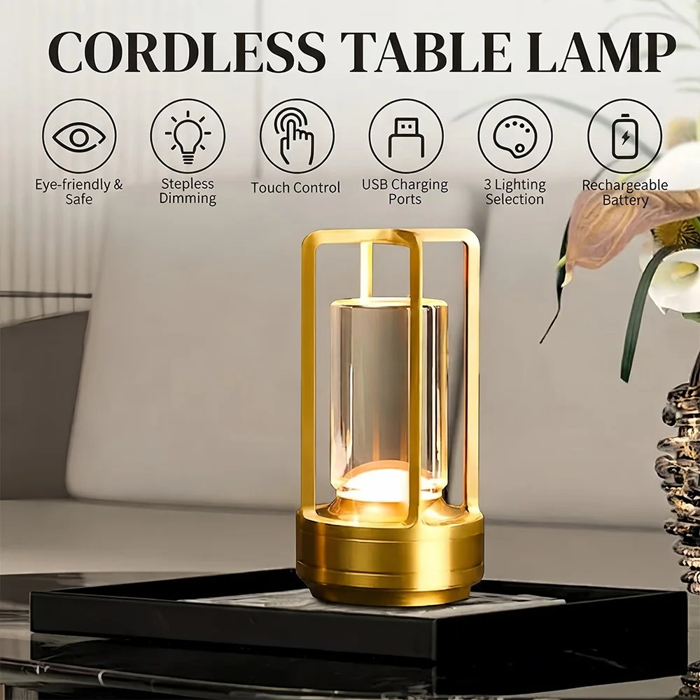 Luxury Wireless LED Table Lamp Rechargeable Portable Desk Light 3Color Modes Stepless Dimming Touch On/Off for Home Outdoor Cafe