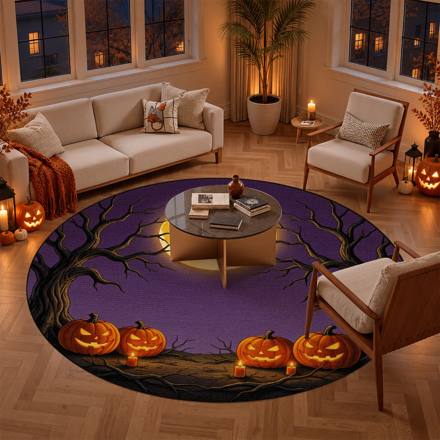 Halloween Pumpkin Full Moon Night Pattern Round Velvet Rug, Machine Washable Soft Floor Mat for Living Room, Bedroom, Entryway, Ideal for Halloween, Thanksgiving, Black Friday, Christmas, New Year Seasonal Decor