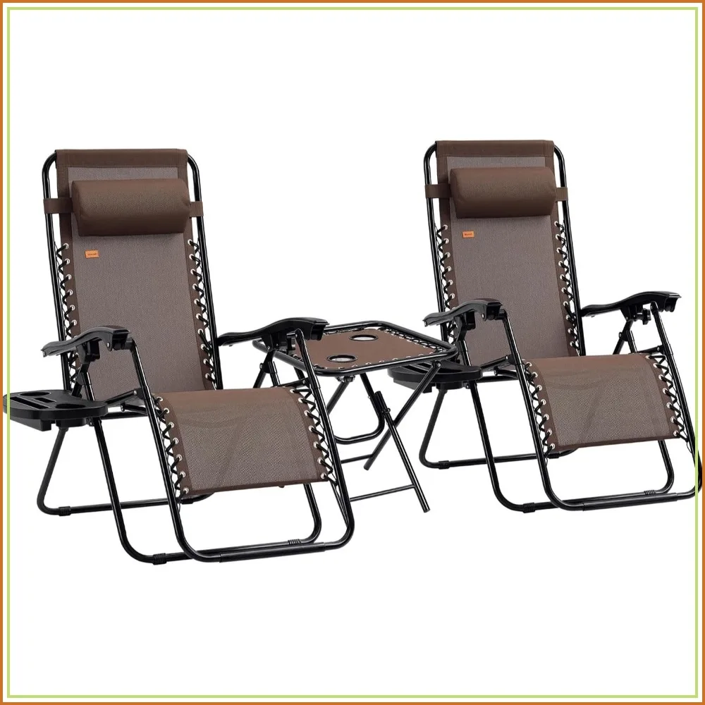Zero Gravity Chair Set with Side Table and Cupholders, Brown