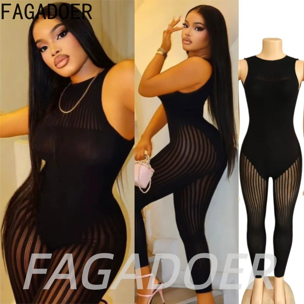 

FAGADOER Sexy Mesh See Through Black Jumpsuits Hot Girl Back Hollow Out Patchwork Bodycon Rompers Night Party Club Playsuits