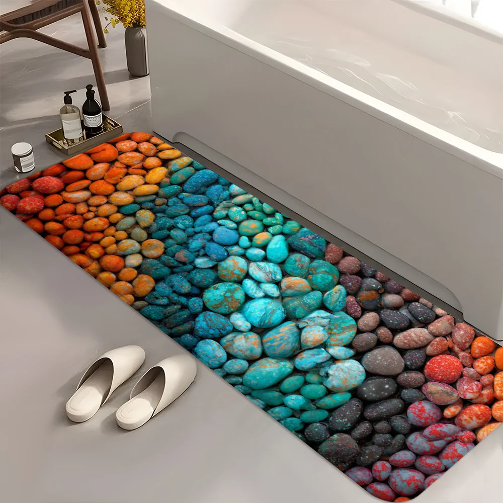 Colorful 3D Pebble Stone Runner Mat Anti Slip Absorbent Rug Natural Cobblestone Print Carpet for Bathroom Cooking Laundry Room