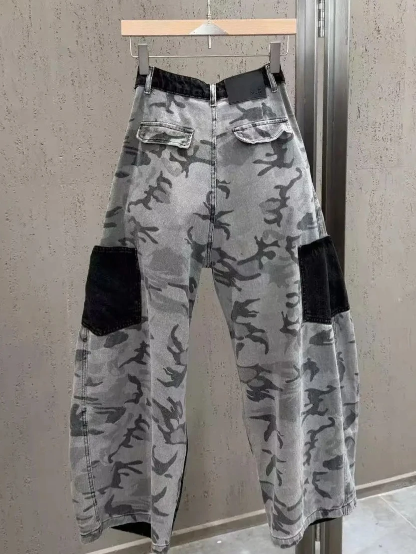 

Spring Summer 2026 Hot Girl Style Retro Camouflage Patchwork Jeans Street Style Unique Cargo Pants Trendy Denim Trousers Women