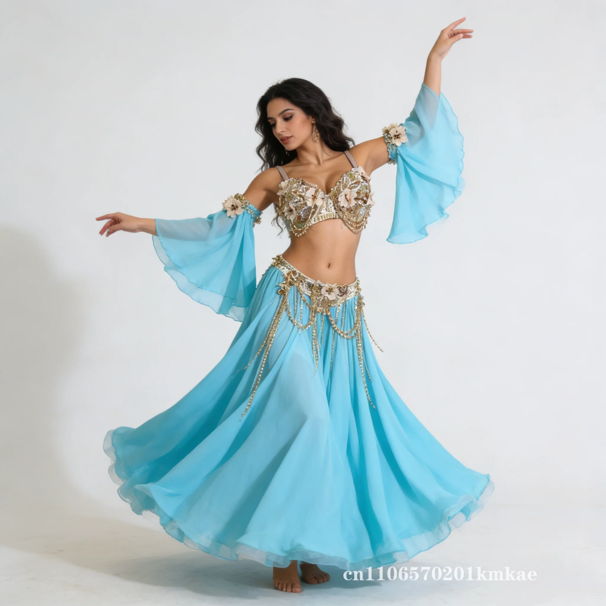 Belly Dance Suit Customization Exquisite Flowers Tassel Bra+Sleeves+Sexy Chiffon Long Skirt 3pcs Dancer Performance Costumes