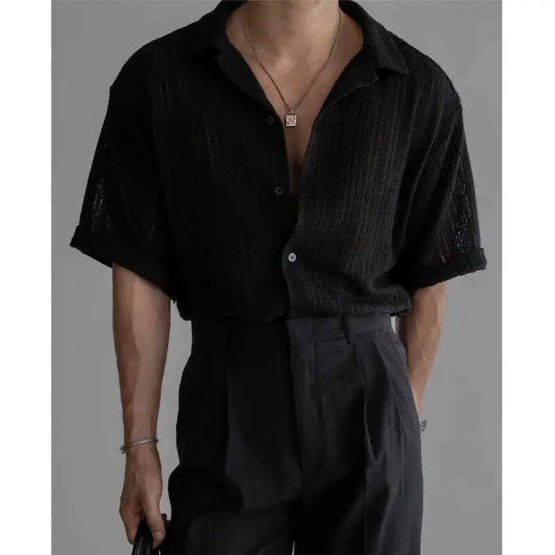 Retro Cuban Collar Hollow Short Sleeved Shirts Men Korean Fashion Loose Casual Shirt Sexy Social Vacation Streetwear Tops 2025