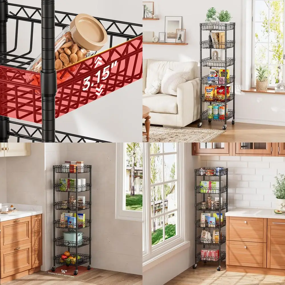 Prateleiras de armazenamento de arame metálico com rodas, 14x14x64,8, para cozinha, armário, lavanderia e organização de garagem, pretas