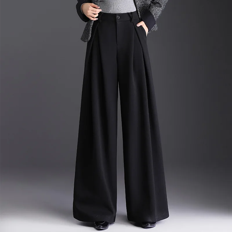 Womne High Waist Wide Leg Pants 2025 Autumn Winter Wool Wide Leg Suit Pants High Waisted Straight Leg Floor Casual Trousers