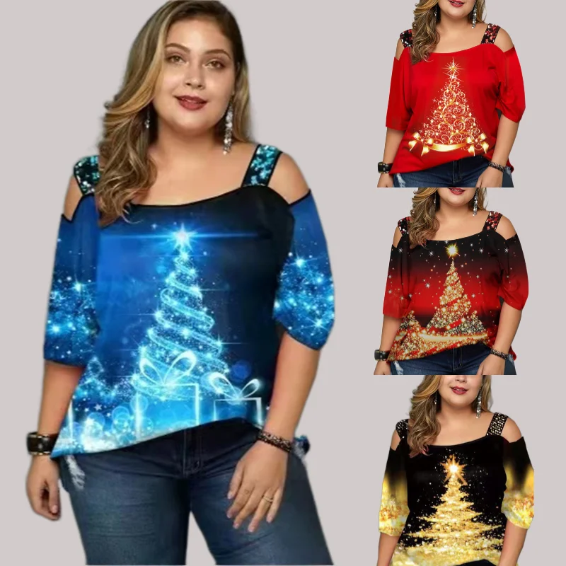 Women's Christmas Tree Print Top Off Shoulder Sequin Sling Blouse Ladies Casual Loose Short Sleeve Crew Neck T-Shirt