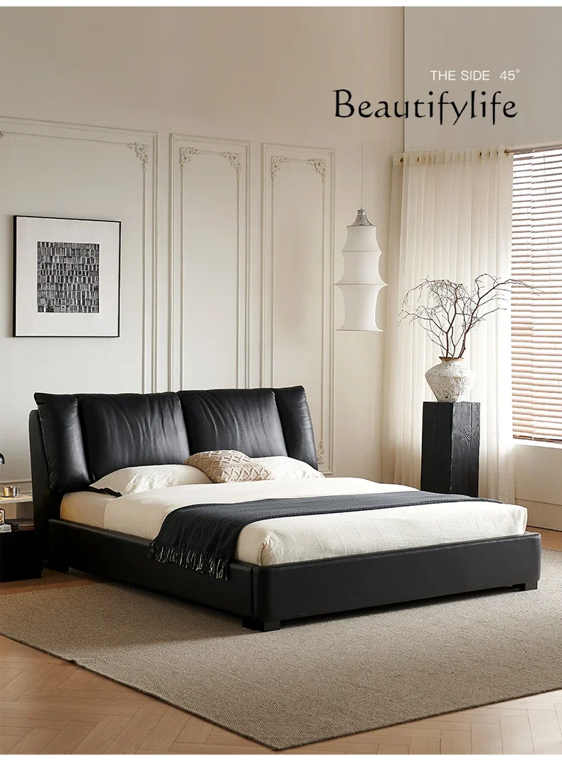 

French antique bed master bedroom first layer cowhide sailing bedroom black leather bed modern simple wind