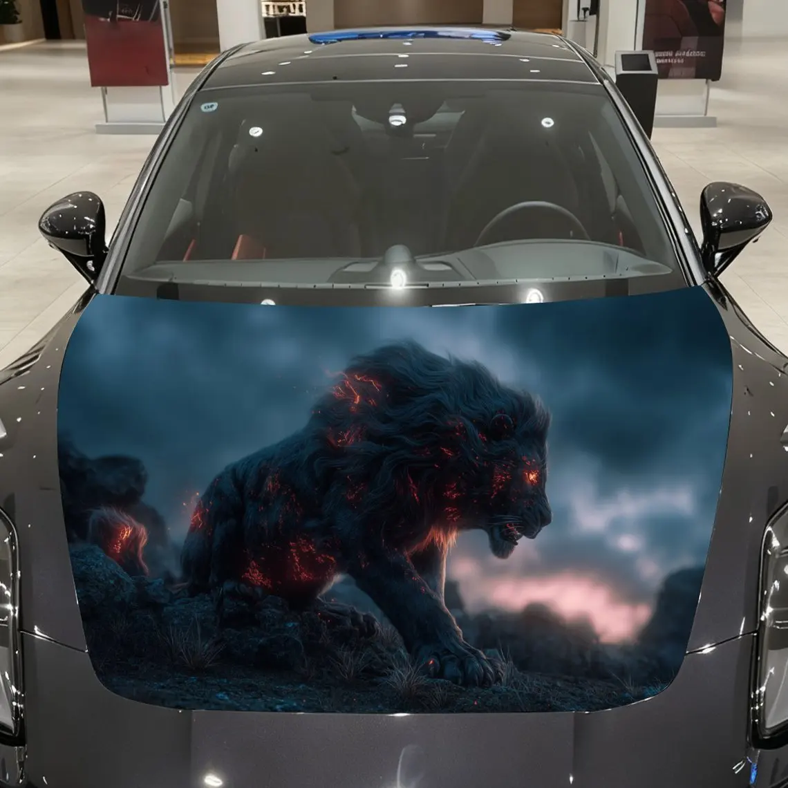

Golden-Flame Lion Wrath Car Vinyl Wrap, PVC Material Waterproof Car Hood Sticker, Self-Adhesive Scratch-Resistant Stickers for E