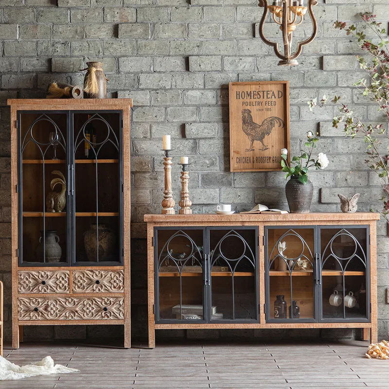 Solid Wood Carving Flower Retro Cabinet American Industrial Windshield Wine Cabinet Wrought Iron Three Doors Four Doors Storage