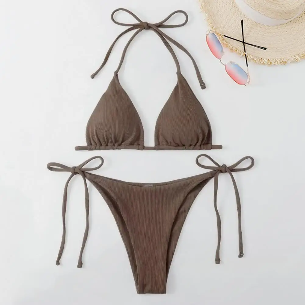 2Pcs/Set Split Swimwear  Pads   Bikini Set Halter Triangle Bra Side Tie Thong Swimwear