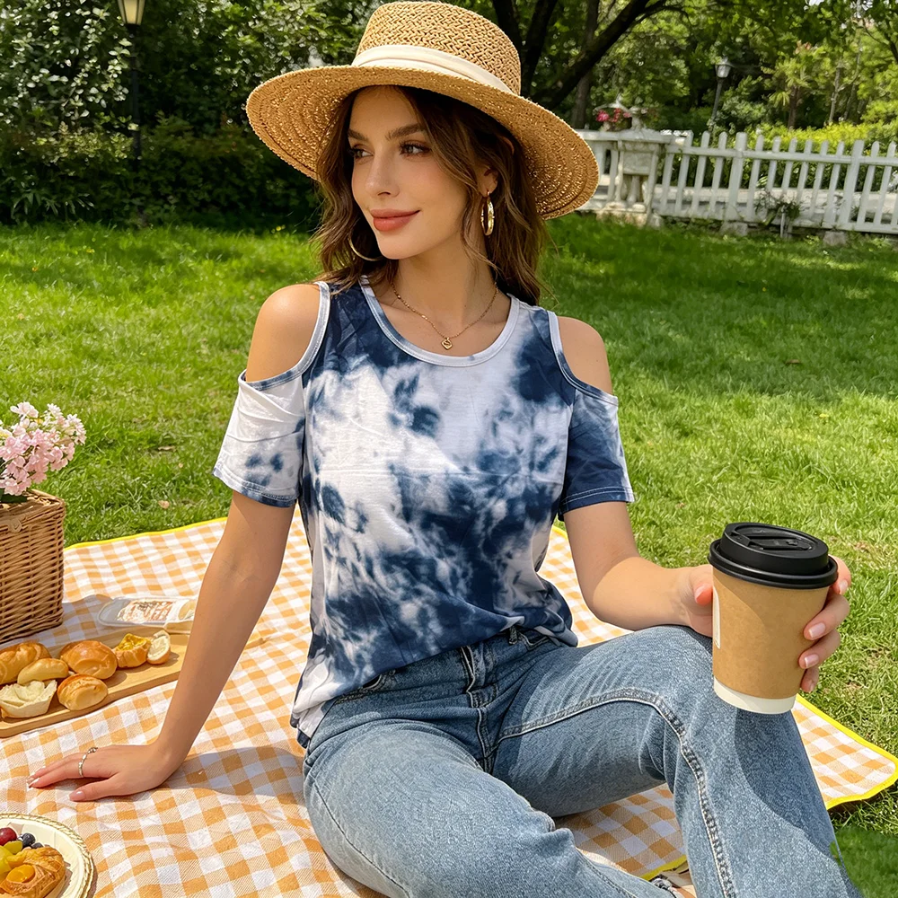 Elegant Tie Dye Cutout Shoulder Tee for Women, Loose Fit Short Sleeve Ombre Blouse, Casual Summer Top for Coffee Date & Vacation