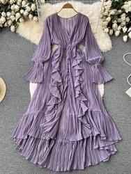 Purple/Brown/Red Chiffon Pleated Long Dress Women Vintage V-Neck Flare Sleeve Draped Ruffle Vestido Female Maxi Robe Spring Fall