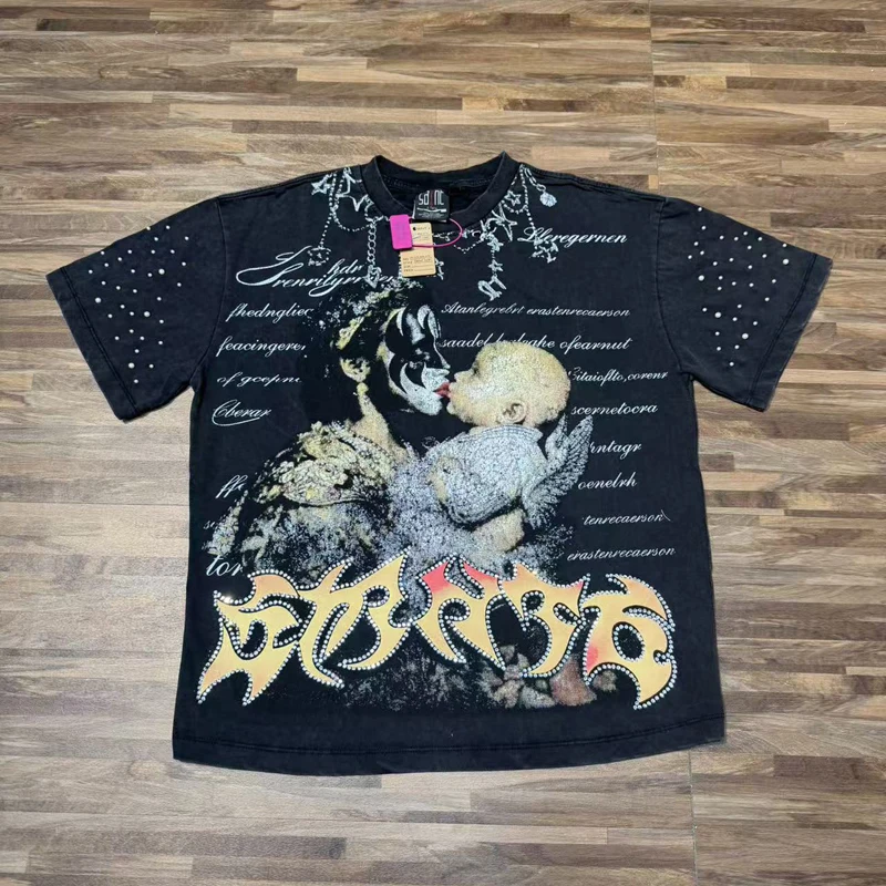 2026 New SAINT Men's Retro T-shirt Summer High-quality Loose Shinning Bling Diamond Short Sleeve Top