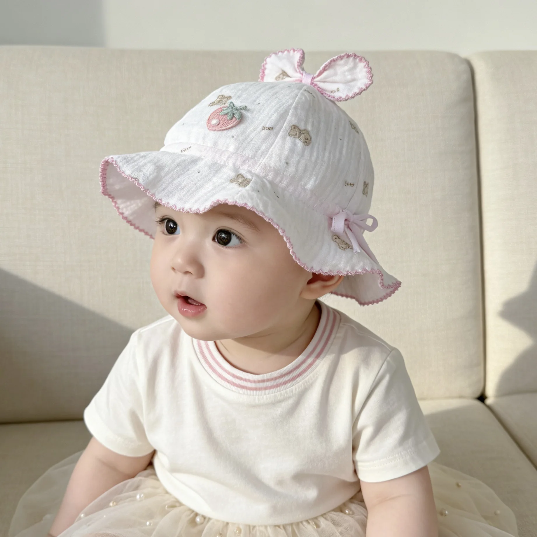 

Newborn to 12 Months Princess Style Thin Spring Autumn Baby Hat Cute Sweet Fisherman Cap for Infants 3-6-12 Months Old