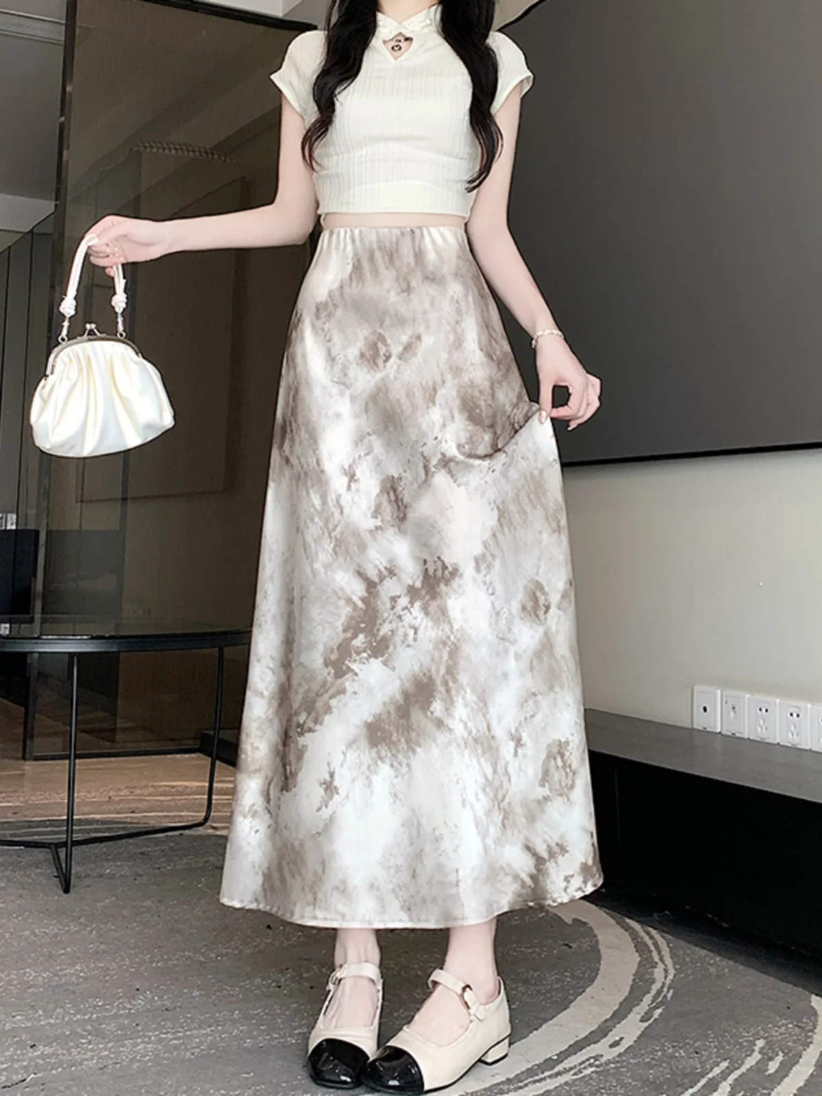 Elegant High Waist Dyed Tie Dye Water Ink Skirt Korean Style Commute High Waist Midi Skirt for Young Women Polyester Fiber