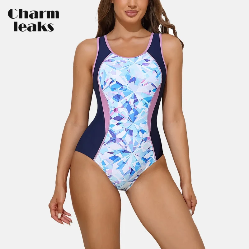 

Charmleaks Women Sports One-piece U Neck Patchwork Full Lining Racerback Unique Print Swimwear Pull on Closure Soft Bathing Sui