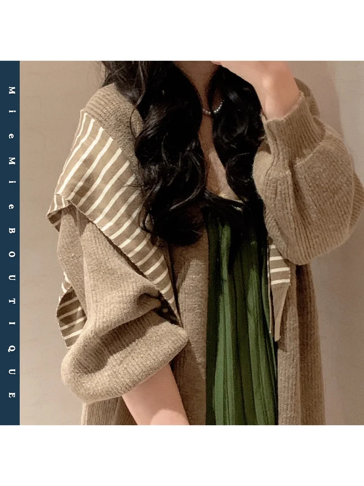 Laid-ba Sle Buttonl Gestrickter langer Mantel Oulder Wrap Vintage Vielseitiger lockerer Damenpullover V-Ausschnitt Mittellang Sve