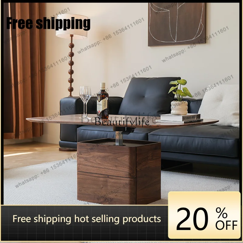 Factory Direct Black Walnut Medieval Solid Wood Tea Table Living Room Sofa Liftable Storage Coffee Table