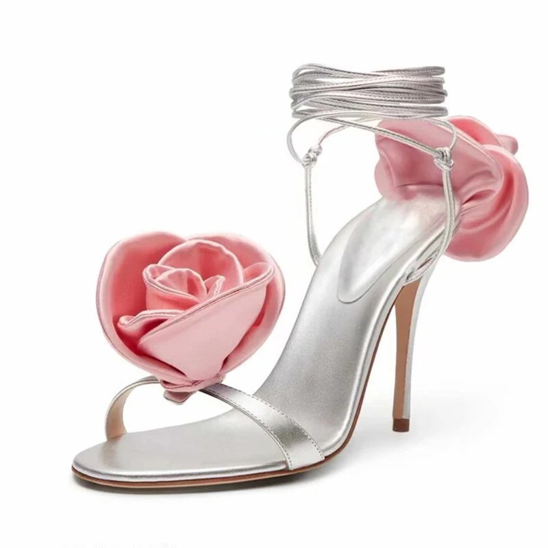 

Sweet Pink Rose Silk Flower Lace- Up Sandals Thin Heel Open Toe Flower Back Heels Shoes for Women Zapatos Para Mujer