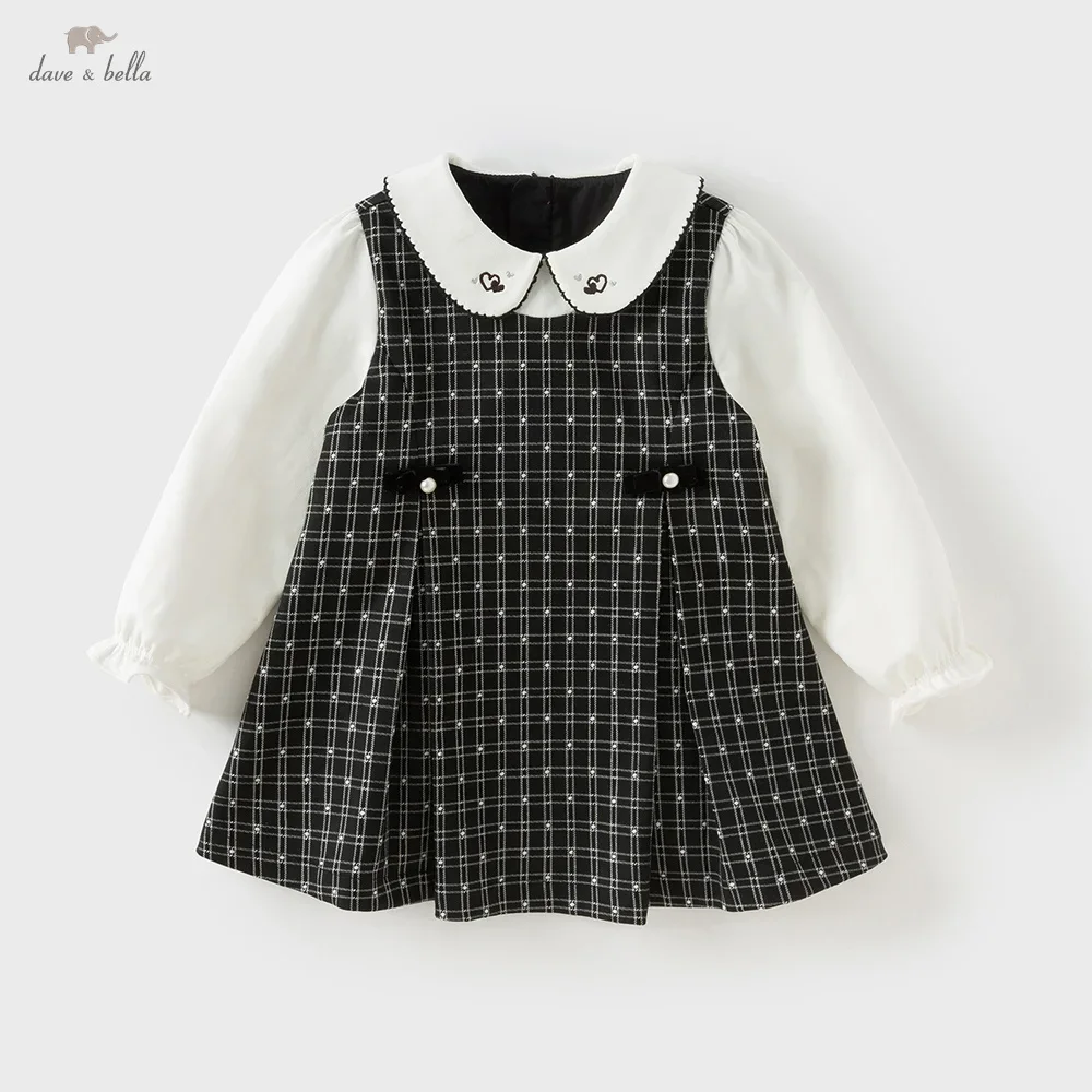 Dave Bella Children's Dress Autumn Gentle Sweet Cute Girl's Plaid Princess Dress Fake Two Piece Party Casual Outdoor DB3253546