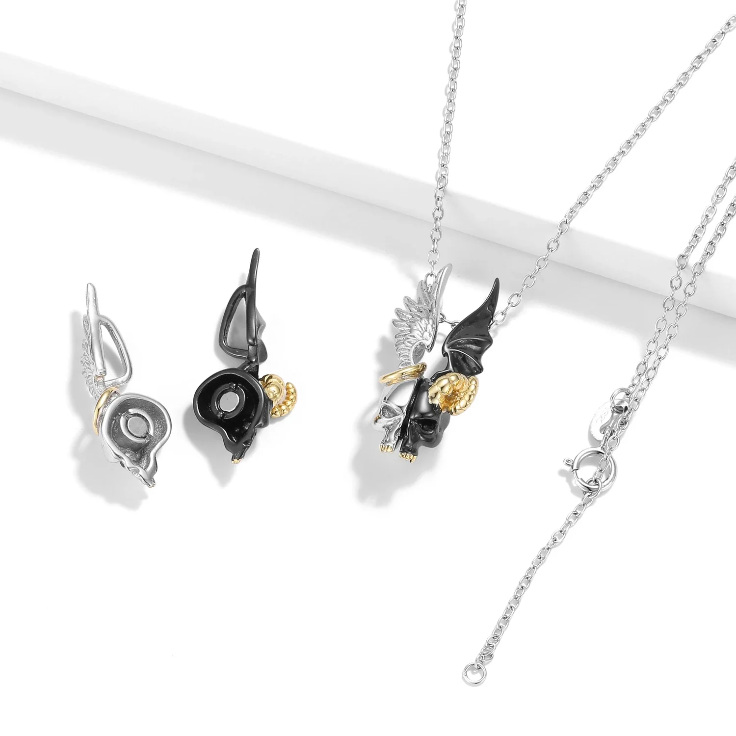 KATAOKA 925 Sterling Silver Christmas Gift Rose Daisy Angel Devil Wings Pendant Necklace for Women 45CM Chain Link Fine Jewelry