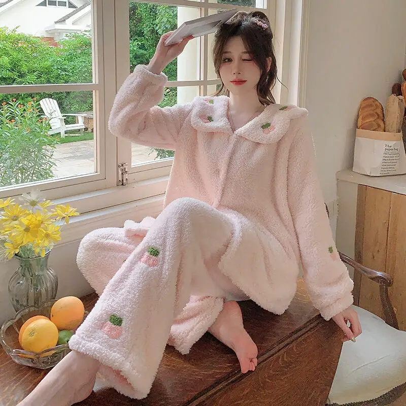 甘いホームウェア冬の女性のパジャマセットはアウターウェアとして着用可能コーラルフリースナイトウェア厚く暖かく保つかわいい新しいパジャマ