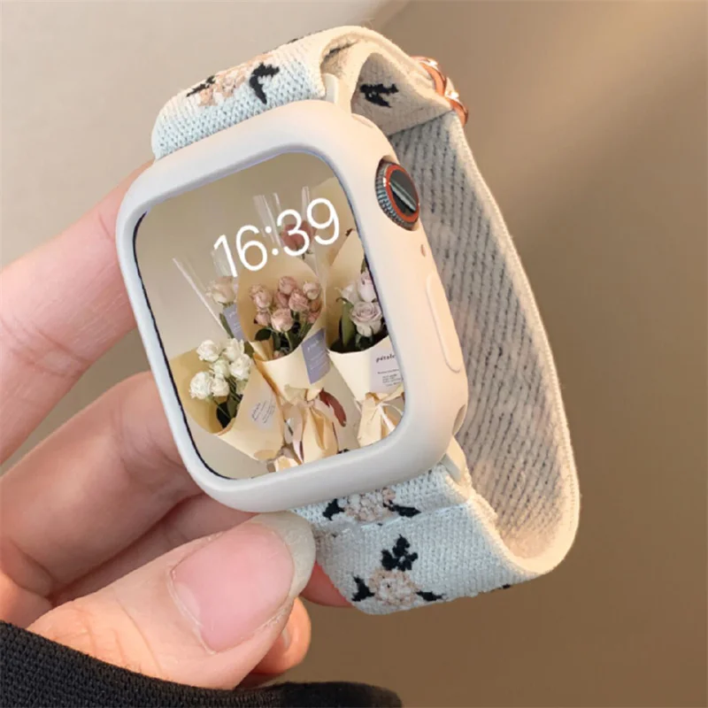 Nylon Embroidery Strap+Case For Apple Watch Band 45 44mm 40mm 49mm 41mm 42 38mm Correa Bracelet For iWatch Series 7 8 6 SE Ultra