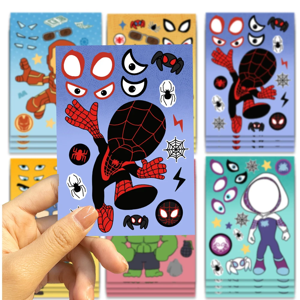 6/12 lembar Disney The Avengers Puzzle stiker membuat wajah DIY Super Hero anak-anak lucu Decals merakit Jigsaw mainan pendidikan