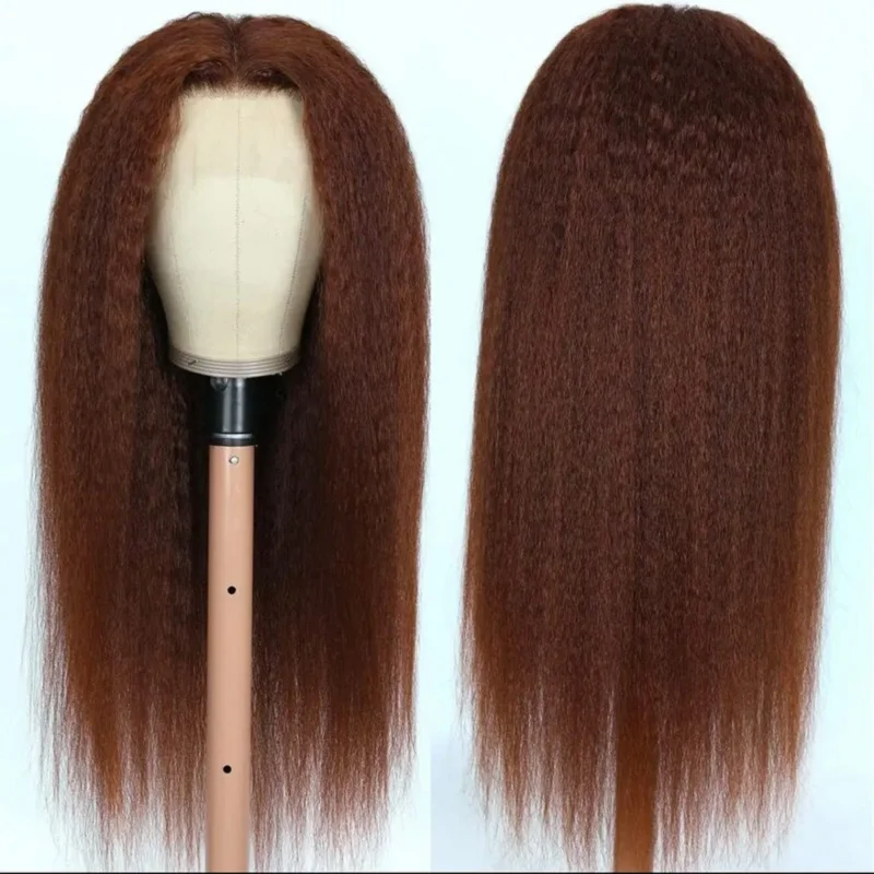 26inch Glueless Soft Long Brown Yaki Kinky Straight Lace Front Wig For African Women With BabyHair Preplucked Synthetic Daily