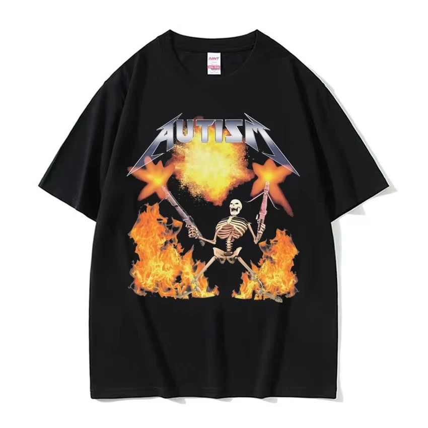 Autism Skeleton Meme T Shirt Human Funny Skull Men's Women Harajuku Gothic Vintage T Shirts Oversized Cotton T-shirt Streetwear