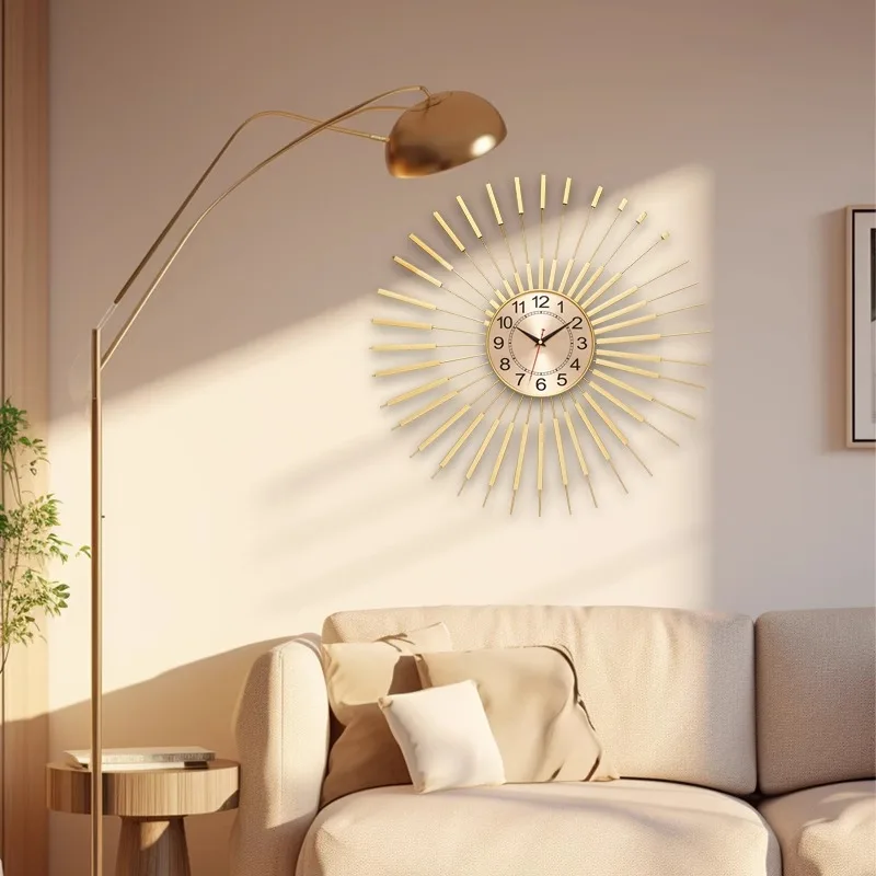 Quiet Quartz Wall Clock Simple Creative Luxury Modern Living Room Wall Clocks Nordic Metal Case Sun Modeling Room Decorations