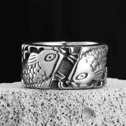 Stainless Steel Men Rings Relief Fish Animal Punk Trendy for Women Biker Fashion Jewelry Halloween Creativity Gift Wholesale