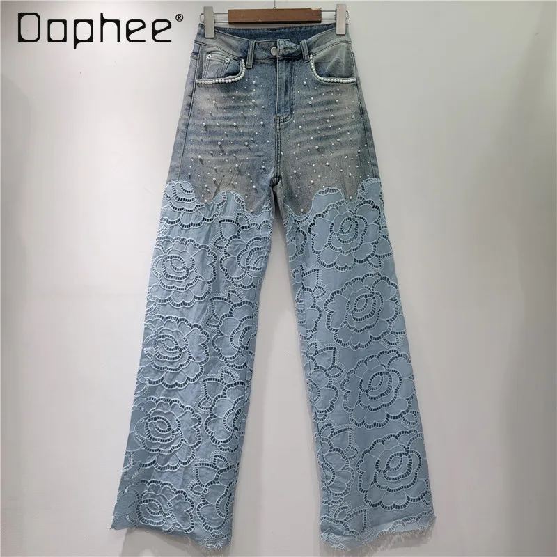 

2023 летние новые уличные тяжелые промышленные узкие широкие брюки с высокой талией и цветочным принтом, женские уникальные модные свободные джинсы