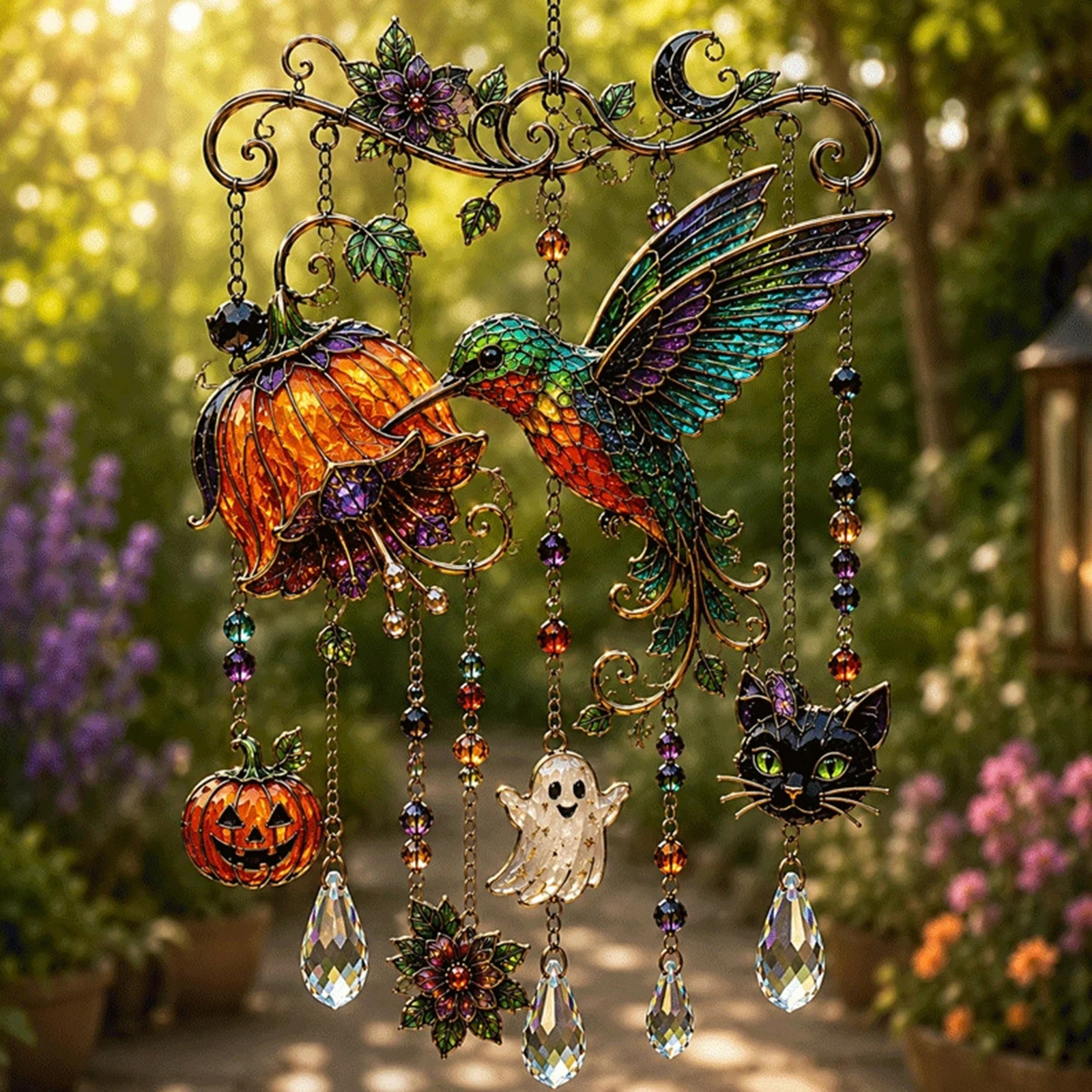 Halloween Decoration Wind Chime Acrylic Ghost Bat Pumpkin Skull Stained Glass Window Hanging Decor
