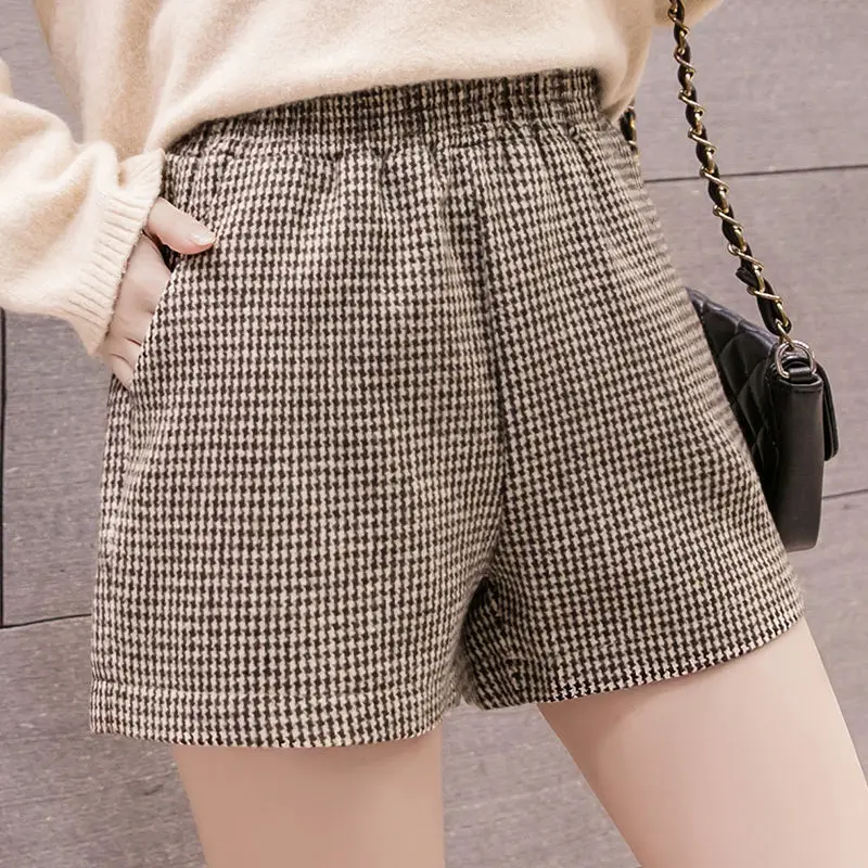 Houndstooth Winter Shorts Women Soft Vintage Elegant Ladies Korean Style Fashion High Elastic Waist Cozy Basic Gentle Straight