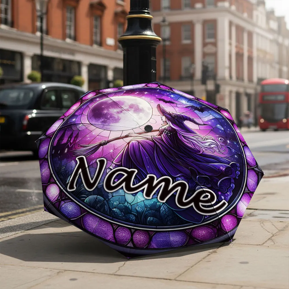 Custom Name Umbrella Stained Glass Witch Flying On Broom Full Moon Halloween Print Folding Umbrella Portable Travel Parasol