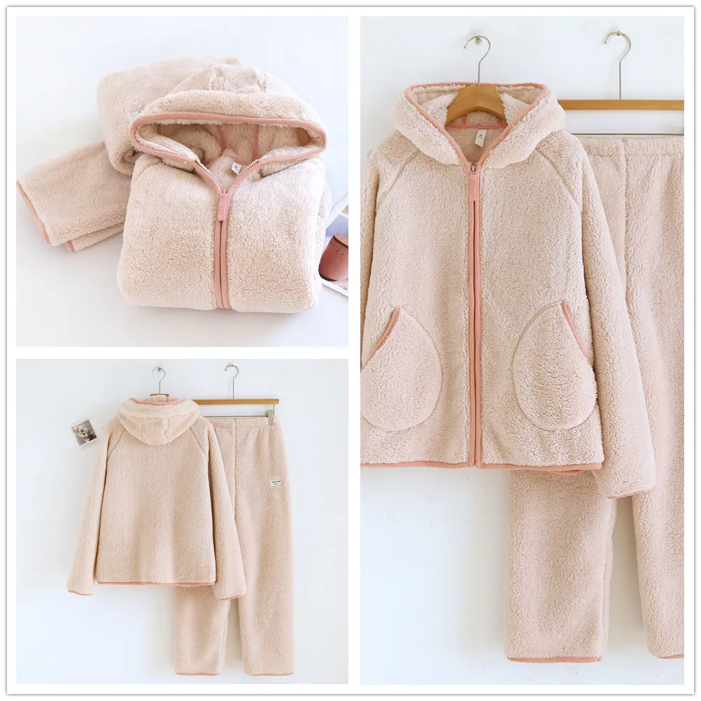 Thicken Hooded Flannel 2PCS Pajamas Set Autumn Winter Female Sleepwear Trouser Suits Loose Casual Warm Coral Fleece Homewear
