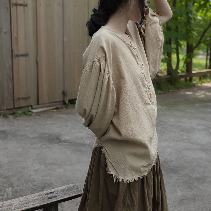 

Natural and comfortable casual literary T-shirt Tencel ramie lantern sleeves rough edge pullover top fashionable and casual vers