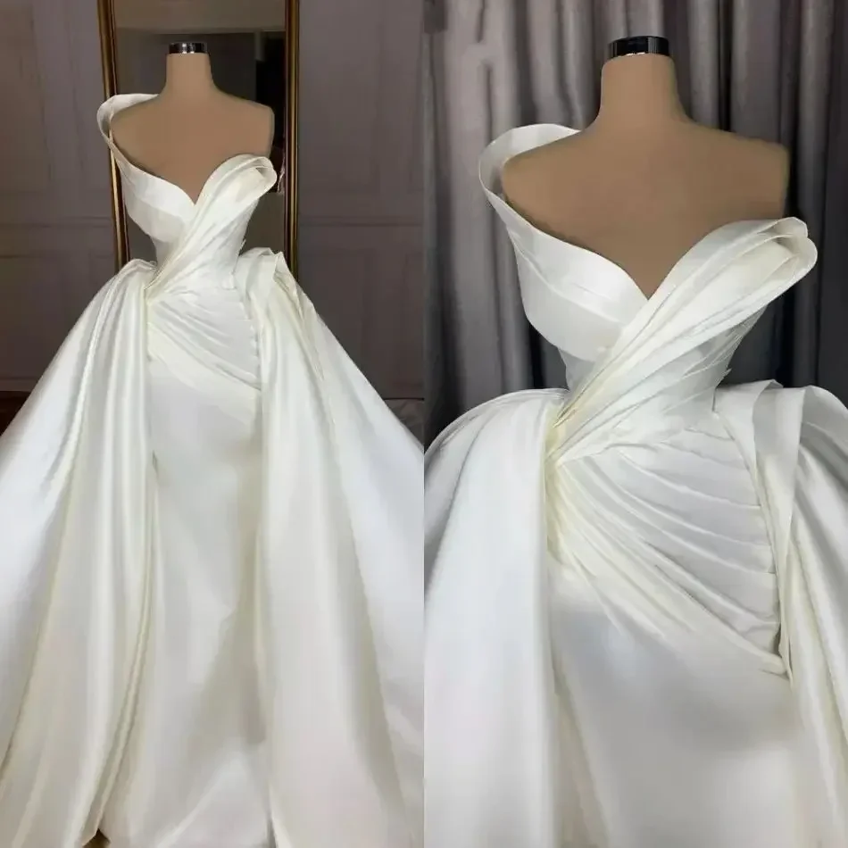 Personalizado querida cetim sereia vestidos de casamento com trem destacável fora do ombro cetim vestidos de novia vestido de noiva