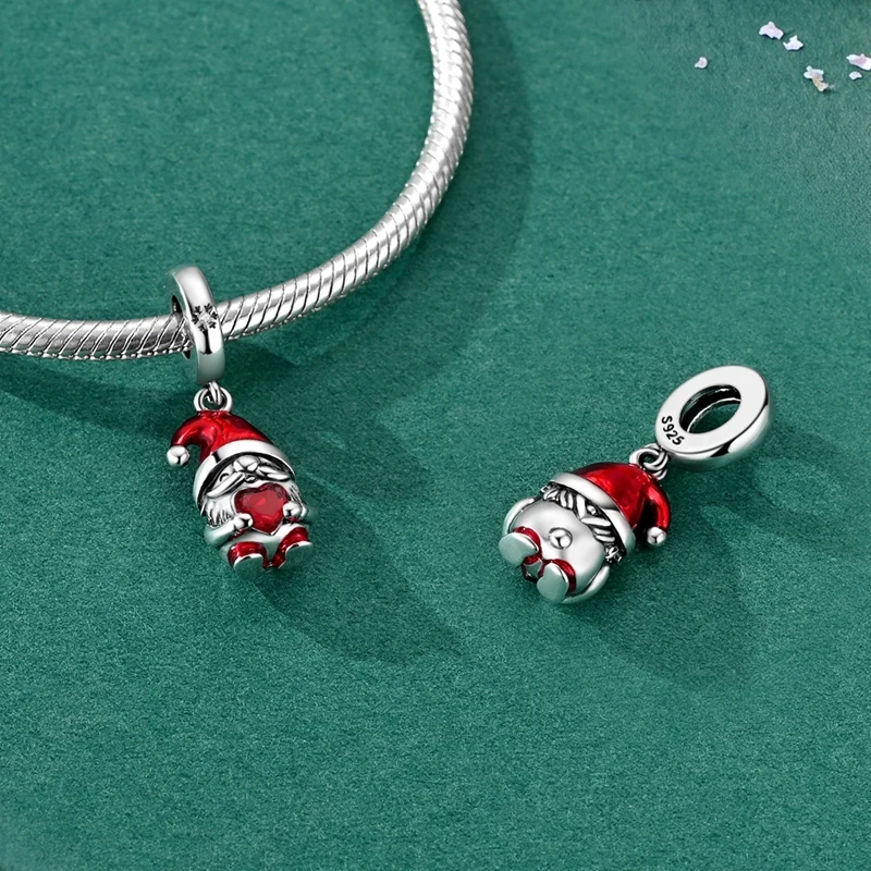 Christmas Gnome Dangle Charm Bead Red Hat Heart Zircon Xmas Family‑Blessing 925 Sterling Silver Fit DIY Bracelet Jewelry Gift