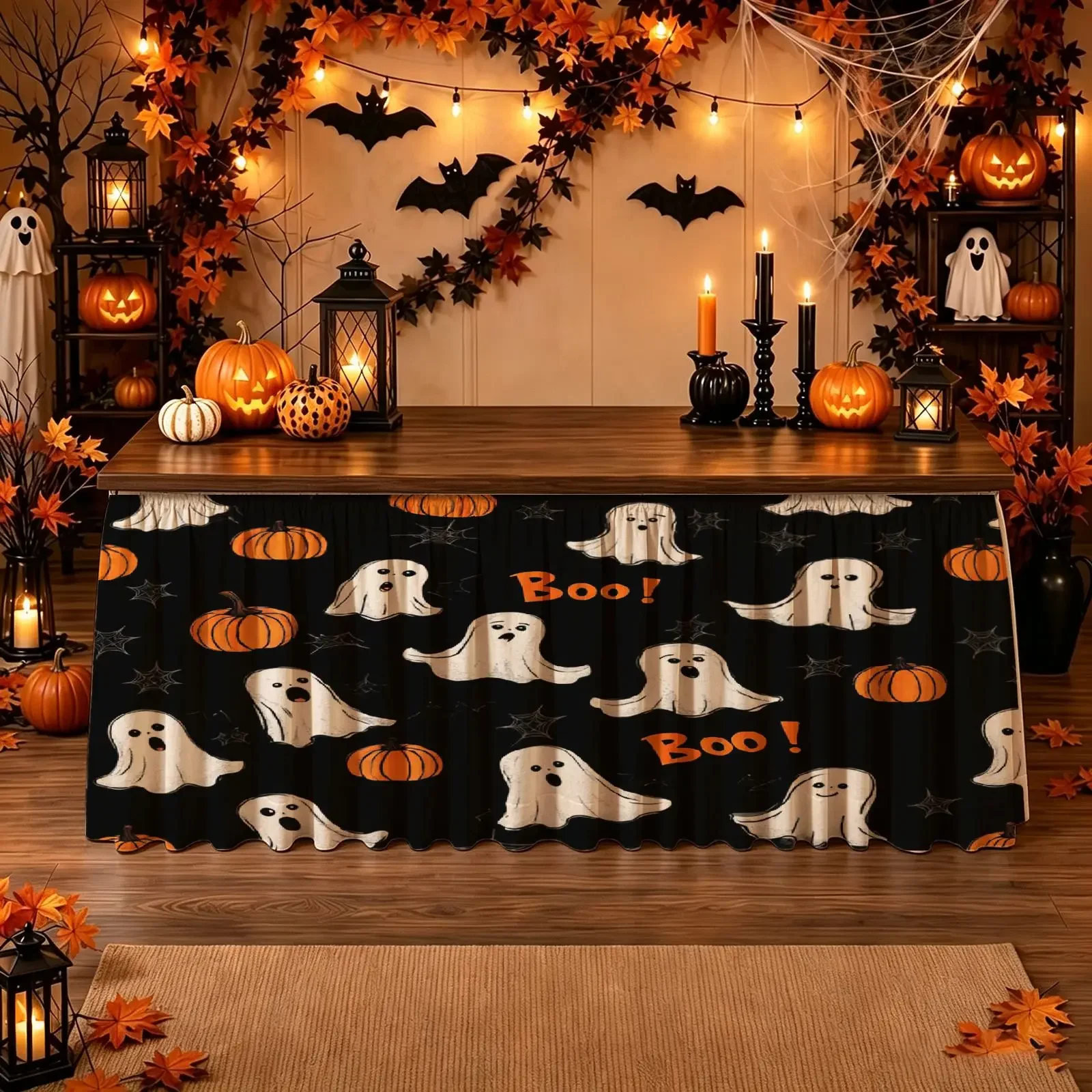 One-piece Halloween and Christmas party table skirt - White ghost, Orange pumpkin, Boo text, Black background