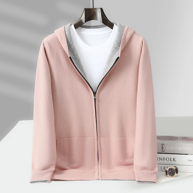 

MVLTFLRT Men's Thick Double sided Knitted Zipper Hooded Cardigan 100% Merino Wool Sweater Autumn/Winter New Warm Men's Clothing