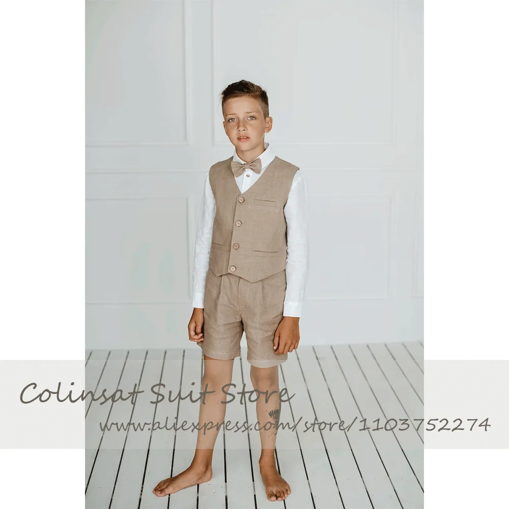 2 Piece Boys' Linen Suit Single Breasted Vest Shorts Stylish Boy Wedding Suits Children Summer Clothes Casual Waistcoat Pants