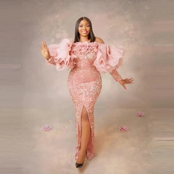 Stunning Pink Sequin Prom Dresses Long Puffy Sleeves With Slit   Mermaid Plus Size Aso Ebi Long Evening Gowns Custom Made