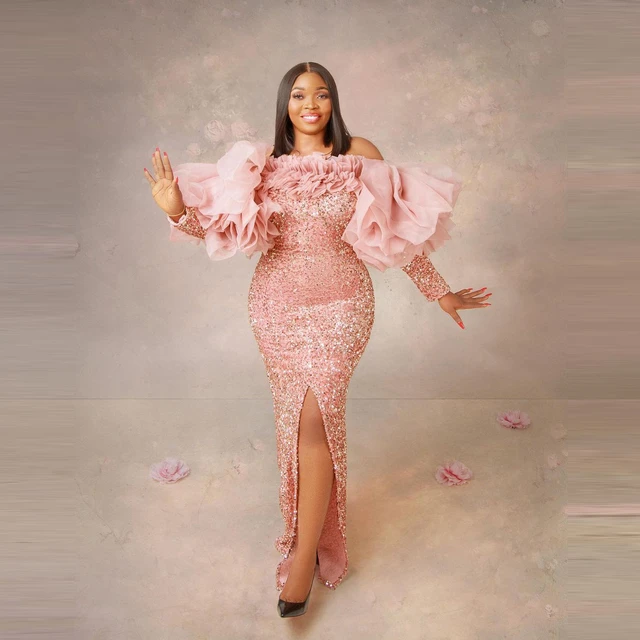 Stunning Pink Sequin Prom Dresses Long Puffy Sleeves With Slit Mermaid Plus Size Aso Ebi Long Evening Gowns Custom Made