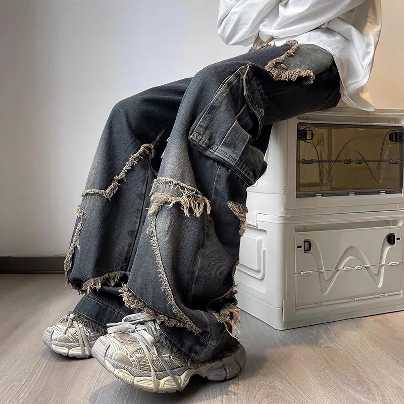 

Мужские джинсы в стиле ретро-американский ковбой, прямые, широкие, удлиненные, осенний дизайн, с эффектом выцветания, повседневные, молодежный тренд